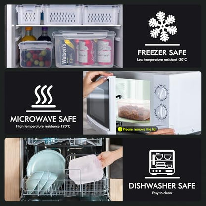 HOTEC 4-Pack Large Fruit Storage Container for Fridge Leak proof with Removable Colander, BPA Free Dishwasher & microwave safe Largest 3.15L