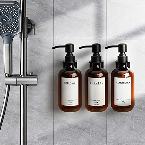 Shampoo Dispenser for Shower, No Drill Dispenser with Pump & Label | Shampoo and Conditioner Dispenser Wall Mount Set of 3, Pet Bottle Shower Soap Dispenser for Home Bathroom, Amber
