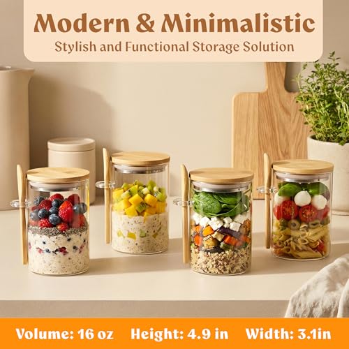 Overnight Oats Containers with Lids Bamboo incl. Spoons & Labels - 4x16oz | 4 Thick Glass Jars With Airtight Bamboo Lids, Matching Spoons and 24 Labels for Overnight Oats, Chia Pudding and Yogurt