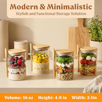 Overnight Oats Containers with Lids Bamboo incl. Spoons & Labels - 4x16oz | 4 Thick Glass Jars With Airtight Bamboo Lids, Matching Spoons and 24 Labels for Overnight Oats, Chia Pudding and Yogurt
