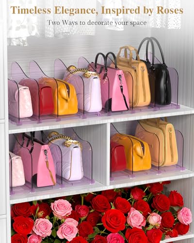 SURETIVIAN Rose Purse Dividers for Closet, 2 Pack Clear Clutch Purse Closet Organizers, Adjustable Handbag Storage Organizers, Plastic Bookshelf Separator Dividers for Bedroom Office