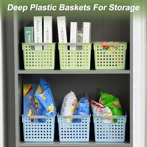 4 Pack Plastic Storage Basket with Handles, Small... (Blue | Plastic)