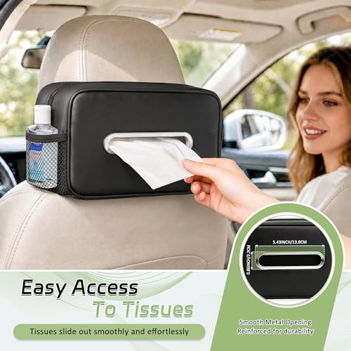Car Tissue Box Holder PU Leather Car Organizer with Side Storage Pockets | Tissue Box Cover, Fits 120-160 Standard Rectangular Tissue Boxes, Large Capacity Backseat Tissue Organizer for Car SUV Truck