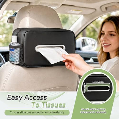 Car Tissue Box Holder PU Leather Car Organizer with Side Storage Pockets | Tissue Box Cover, Fits 120-160 Standard Rectangular Tissue Boxes, Large Capacity Backseat Tissue Organizer for Car SUV Truck