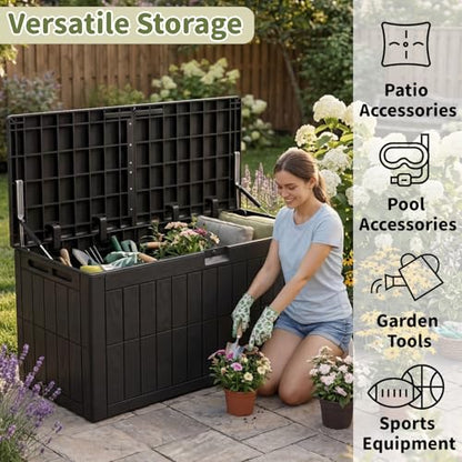 Outdoor Storage Box, 100 Gallon Waterproof Lockable Deck Box | Resin Storage Bin for Patio Furniture Cushions, Garden Tools, Pool Supplies Organization, Indoor & Outdoor Use