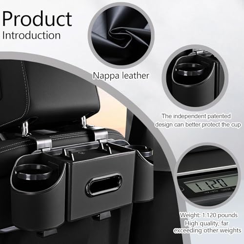 Multifunctional Back Seat Car Organizer with Cup Holders, Tissue Box Holder, Phone Stand and Hooks, 4 in 1 Car Backseat Storage Box, Car Seat Back Organizer for Sedan SUV MPV(Black)