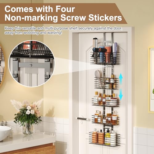 5-Tier Over The Door Organizer Bathroom - Hair Dryer Holder - Hair Tool Organizer Adjustable Height, DIY Bathroom Storage Shelf Wall Mounted for Flat/Curling Irons, Straighteners, Skincare