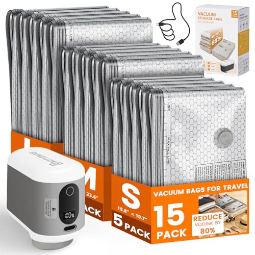 15 Pack Vacuum Seal Bags for Clothing Travel with -60KPa Rechargeable Wireless Pump, Space Saver Compression Vacuum Storage Bags in Multiple Carry-On Sizes for Luggage, Suitcase and Seasonal Storage