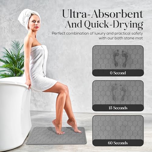 Diatomaceous Earth Stone Bathmat | Eco-Friendly XL Stone Bath Mat 18x24 Inch. Instant Dry Bathroom Mat with Sandpaper & Pads. Multiuse, Kitchen Counter & Stone Dog Bowl Mat (1, Grey)
