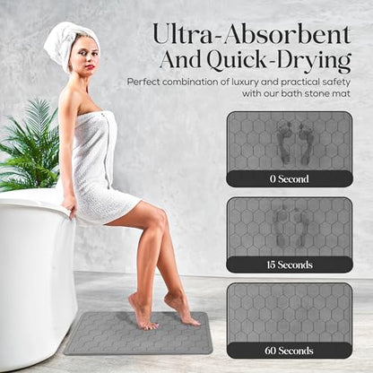 Diatomaceous Earth Stone Bathmat | Eco-Friendly XL Stone Bath Mat 18x24 Inch. Instant Dry Bathroom Mat with Sandpaper & Pads. Multiuse, Kitchen Counter & Stone Dog Bowl Mat (1, Grey)