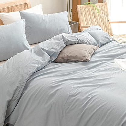 BESTOUCH Cotton Solid Duvet Cover Set Linen Feel Cornflower Blue Queen | Washed Cotton, Linen Feel, Soft Wrinkle Texture, Hidden Zipper, 8 Ties, Breathable Lightweight Durable Comfy, 3Pcs No Insert