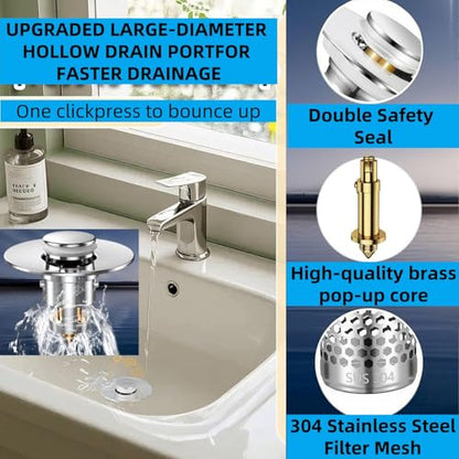 Bathroom Sink Drain Strainer 2 Pack,Bathroom Sink Stopper with Pop-Up Drain and Removable Hair Catcher, Stainless Steel Filter Basket, Fits Standard US Bathroom Sinks