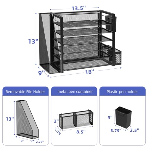 Simple Trending 6 Tier Metal Desk File Organizer with 2 Pen Holders, Black | 18"L x 9"W x 13"H, 6 Trays + Side file holder + 2 pen holders, sturdy metal frame, non-slip base, easy assembly, 24h support.