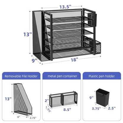 Simple Trending 6 Tier Metal Desk File Organizer with 2 Pen Holders, Black | 18"L x 9"W x 13"H, 6 Trays + Side file holder + 2 pen holders, sturdy metal frame, non-slip base, easy assembly, 24h support.