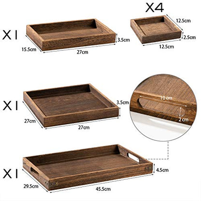 Rustic Wooden Serving Trays with Handle - Set of 7 Rectangular Platters for Entertaining, Breakfast, Coffee Table, Home Decor | 4 Sizes Tray-Snacks to Entrees,Decorative Serving Platter for Breakfast Bed,Lunch,Ottoman,Coffee Table,BBQ-Great for Lap&Sofa