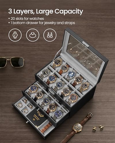 SONGMICS Watch Box, 20-Slot Watch Case Organizer, Black | Large Glass Lid, Removable Pillows, Metal Lock, Gift for Loved Ones, Grey Lining UJWB036B101