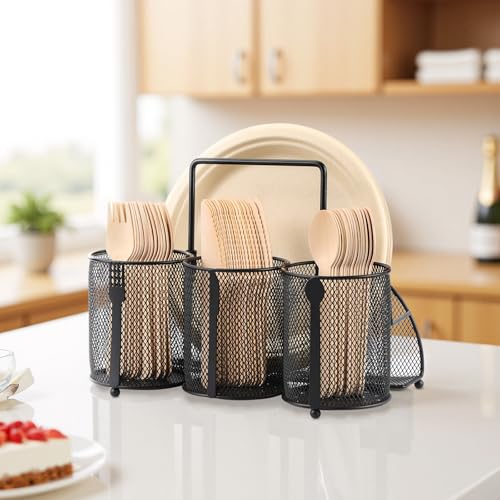 Utensil Caddy Silverware Holder for Party, Metal Mesh Cutlery Storage Organizer for Forks Spoons Napkins Plates, Perfect for Kitchen, Buffet, Picnic, Camping & Outdoor BBQ