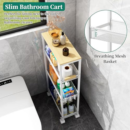 Utility Slim Storage Cart, 4 Tier Rolling Cart with Wheels, Narrow Storage Cabinet for Bathroom, Laundry Shelves for Room Organization, Small Organizer for Kitchen, Office and Dorm (White)