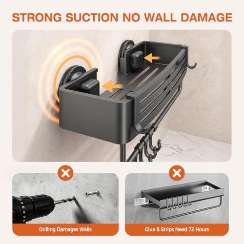 Lekesky Suction Cup Shower Caddy, No Drill Shower Shelf, Aluminum Rust Proof Bathroom Shower Organizer with 12 Hooks (2-Pack, Gunmetal Gray)