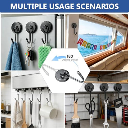 Magnetic Hooks, Mixed Sizes 10-Pack Black Heavy Duty Strong Magnet Hook Set for Refrigerator, Cruise Ship Cabin, Outdoor BBQ Grill, Kitchen & Garage (Medium 4 + Large 2 + Max 4)