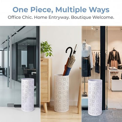 BEWBBAT Umbrella Stand Rack for Entryway, Free Standing Metal Umbrella Holder, Round Umbrella Organizer Bin with 3 Hooks for Long Short Umbrella, Walk Stick, Home Office Indoor, 17 x 7 Inch, White
