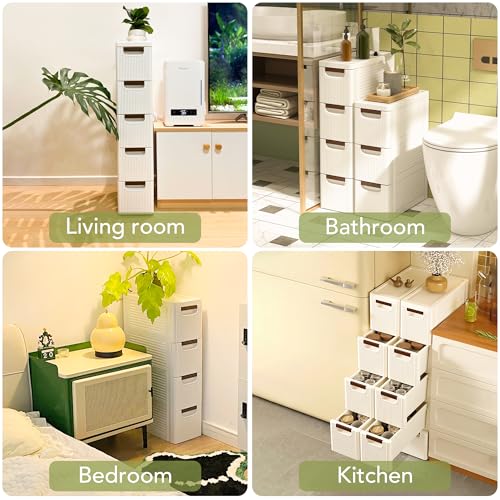 4 Drawers Narrow Bathroom Storage Cabinet, Slim Storage Cabinet, Plastic Slim Storage Cart Drawers for Small Spaces, Laundry, Office, Home, White