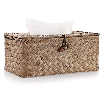 Sumnacon Tissue Box Cover Rectangle Seagrass Woven Tissue Box Holder,Coffee | Decorative Tissue Box Cover Rectangular with Lid for Bathroom Natural Farmhouse Tissue Covers for Home Office Table,Medium