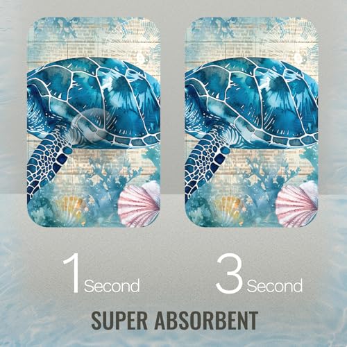 Turtle Bathroom Rugs, Quick Dry Absorbent Non Slip Bath Mat 16x24 in | Rubber Backing, Machine Washable Bathroom Mat for Shower, Tub and Sink Areas with Beach Seashell Ocean Blue