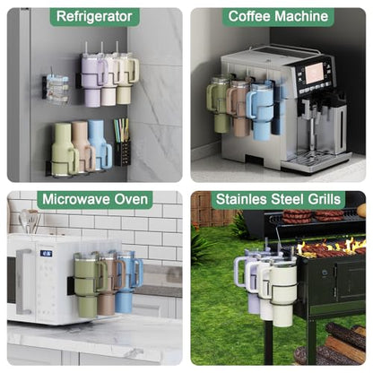 Magnetic Cup Holder for Fridge, Aufworld Tumbler Organizer Fits 20/30/40 oz Stanley Cups, Accessory Storage with Lid & Straw Holder, Space-Saving Storage Rack for Kitchen Fridge (Black-Cup Holder Set)
