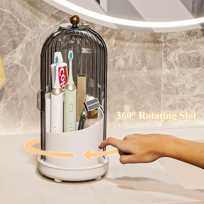 Drainable Toothbrush Toothpaste Holders with Cover, Grey White | Drainage Holes, Waterproof and Dustproof, 360° Rotating Base, Sliding Door, for Bathroom Counter