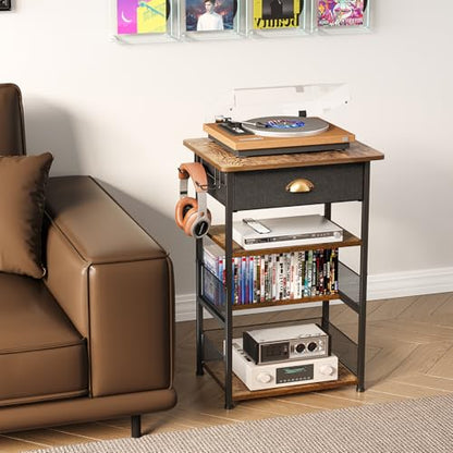 4-Tier AV Media Stand with Drawer, Gaming Console Shelf | Audio Rack Tower with 2 Hooks for PS5, Xbox, Switch, DVD Player, Record Player, Projector and TV Accessories Storage