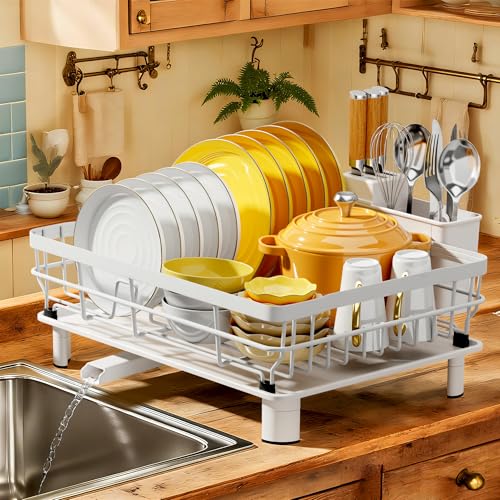MOUKABAL Dish Drying Rack with Drainboard for Kitchen Counter, White | 13×17 Large Capacity/Rustproof Stainless Steel/Fast Drainage Dish Drainer/Removable Utensil Holder/Kitchen Counter Organizer