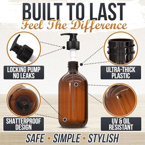 Plastic Amber Soap Dispenser with Pump Set of 3 – 16 oz Refillable Shampoo and Face Wash Bottles – Durable & Reusable for Hand Soap, Dish Soap, Lotion, Gel, Body Wash in Kitchen, Bathroom, Shower