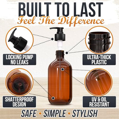 Plastic Amber Soap Dispenser with Pump Set of 3 – 16 oz Refillable Shampoo and Face Wash Bottles – Durable & Reusable for Hand Soap, Dish Soap, Lotion, Gel, Body Wash in Kitchen, Bathroom, Shower