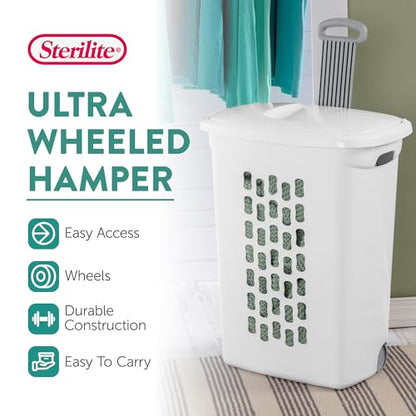 Sterilite Ultra™ Wheeled Hamper, Plastic Laundry Hamper, White, 3 Pack