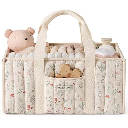 Blissful Diary Floral Diaper Caddy Organizer, Stylish Nursery Storage Basket, Gift for Baby Shower, Newborn Essentials, Floral Beige