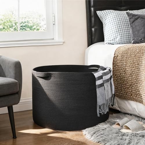 Large Black Blanket Basket, 22" X 22" X 14" Woven Rope Bin for Storage, Kids Dog Toy Storage Box Organizer Bins, Blanket Holder for Living Room, Decorative Wicker Basket for Organizing
