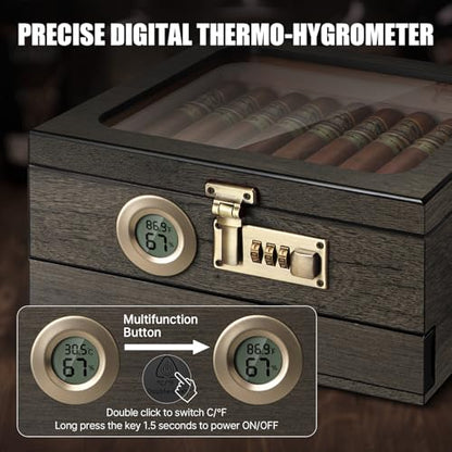 Tesonway Cigar Humidor,Cedar Wood Humidor Cigar Box,Glass Top Desktop Humidor with Digital Thermo-Hygrometer, Humidifier, Divider, Accessories Drawer and Combination Lock,Cigar Gift for Men
