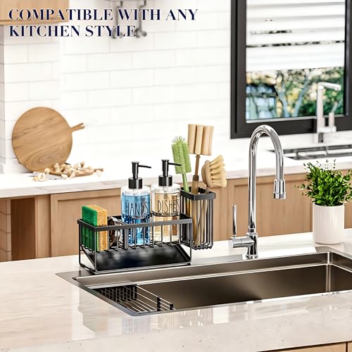 MASADI Kitchen Sink Caddy with Dish Soap Dispenser Set, 12OZ Glass Bottle, Hand and Dish Soap Dispenser Set, Non-Slip Silicone Pad, Brush Holder, Kitchen Sink Organizer Countertop (Black+Clear)