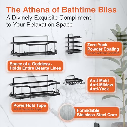 Shower Caddy Bathroom Shelves, The Athena Silken 4 Set, 40LB Capacity, Adhesive Tape No Drill - Rustproof -Gorgeous Powder Coated 304 Stainless Steel Shower Organizer for kitchen & Home Decor - Black