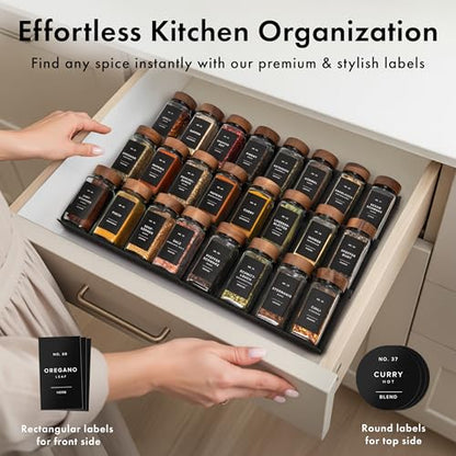 Glass Spice Jars with Label, 24x Acacia Wooden Lids - Black Labels