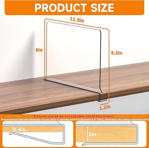 6 Pack Clear Acrylic Shelf Divider for Closet Organization - 9.2″ Tall Closet Dividers for Wood Shelves,Cupboard,Vertical Shelf Separators in Closet for T-Shirt,Purse,Handbag,Sweater Organizer