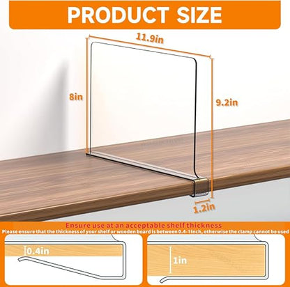 6 Pack Clear Acrylic Shelf Divider for Closet Organization - 9.2″ Tall Closet Dividers for Wood Shelves,Cupboard,Vertical Shelf Separators in Closet for T-Shirt,Purse,Handbag,Sweater Organizer