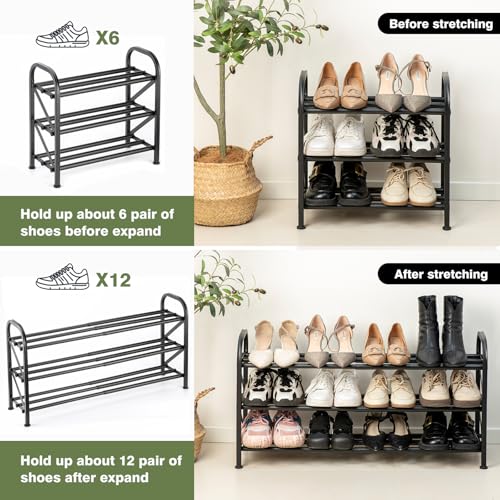 3-Tier Shoe Rack for Closet, 16"-32" Expandable Shoe Rack Adjustable for Entryway Closet Doorway Sturdy Metal, Black