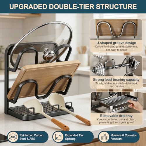 Kitchen Pot Lid Storage Rack: Carbon Steel Double-... (Grey | Metal)