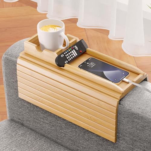 Bamboo Sofa Armrest Tray - Couch Arm Tray with Det...