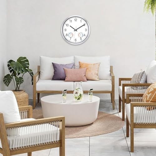 Caysie 12 Inch Indoor Outdoor Clocks Waterproof with Thermometer and Hygrometer Combo, Silent Battery Operated Quartz Metal Wall Clock for Patio Pool Bathroom Home (White)