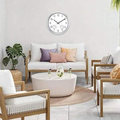 Caysie 12 Inch Indoor Outdoor Clocks Waterproof with Thermometer and Hygrometer Combo, Silent Battery Operated Quartz Metal Wall Clock for Patio Pool Bathroom Home (White)