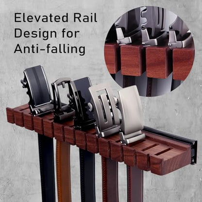 12 Belts Walnut Wood Belt Holder with Slide | Left or Right Slide Flexible Install Belt-rack, Belt Hanger for Closet, Space Saving Belts Storage Organizer, Gift for Men