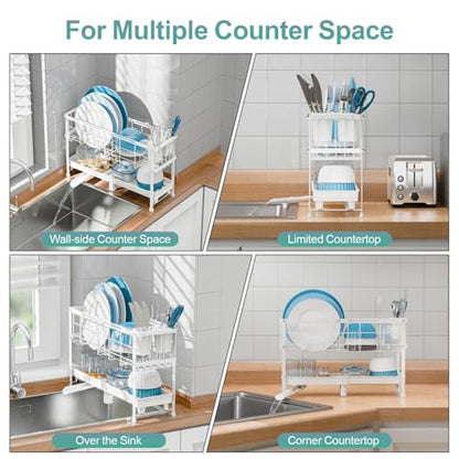 Narrow 2 Tier Dish Drying Rack - Expandable for Small Kitchens & RVs | Compact 7 in Deep, Expands 15.7-20.7 in, 360° Rotating Drain Spout, Removable Utensil Holder, Ideal for 1-2 People, White